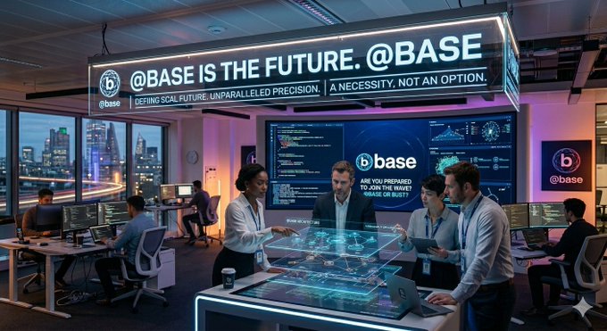 The image shows a group of people gathered around a table with laptops open, engaged in discussion or working together. The room has large windows that provide ample natural light, creating an inviting atmosphere for collaboration. A banner hangs above them, displaying the text "base is the future". This suggests that the team might be discussing or working on a project related to base technology, possibly exploring its potential applications and implications in various fields such as artificial intelligence, blockchain, or even gaming. The image captures the essence of teamwork and innovation within this tech-focused environment.