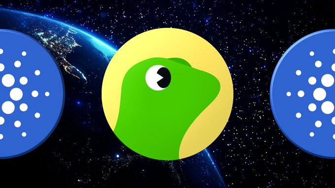 A graphic featuring a green monster-like logo in a yellow circle flanked by two blue Cardano (ADA) logos against a backdrop of Earth in space.