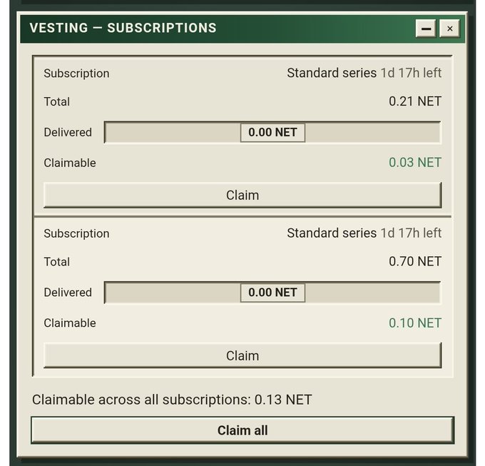 A retro-style computer interface window titled 'VESTING – SUBSCRIPTIONS' showing two NEO (NET) token subscriptions with totals of 0.21 NET and 0.70 NET, claimable amounts of 0.03 NET and 0.10 NET, and a 'Claim all' button for 0.13 NET total.