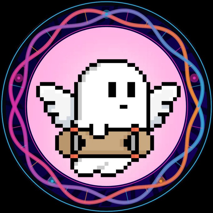 A pixel art illustration of a white ghost-like character wearing a brown belt, set within a pink circle surrounded by a colorful, wavy border.