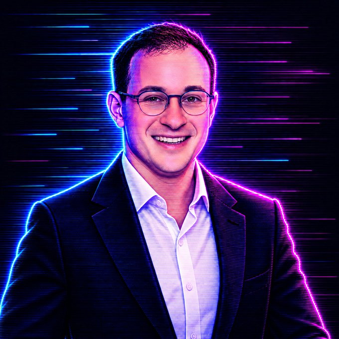 A smiling man wearing glasses and a dark blazer over a white shirt is depicted in a stylized neon-lit portrait with pink and blue horizontal light streaks in the background. The image visually represents the "$2.8B 24h Vol" trading volume metric, with the dynamic neon aesthetic conveying the energetic, high-volume cryptocurrency trading environment.