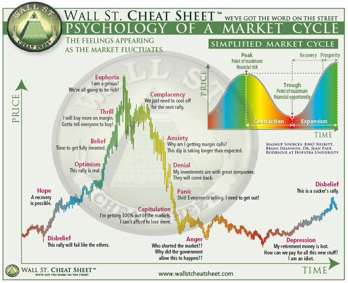 The image is a "Wall St. Cheat Sheet" infographic titled "Psychology of a Market Cycle," which maps emotional stages (Disbelief, Hope, Optimism, Belief, Thrill, Euphoria, Complacency, Anxiety, Denial, Panic, Capitulation, Anger, Depression, Disbelief) to market fluctuations, with a simplified sine-wave chart showing Peak, Contraction, Trough, and Expansion phases. It relates to the "holy top call" caption by illustrating the euphoric top of the cycle where investors feel "I am a genius! We're all going to be rich!" and "We just need to cool off for the next rally"—the psychological peak typically preceding a market downturn.