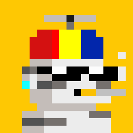 A crude pixel art depiction of a raccoon-like character wearing a red, yellow, and blue propeller beanie on a solid yellow background.