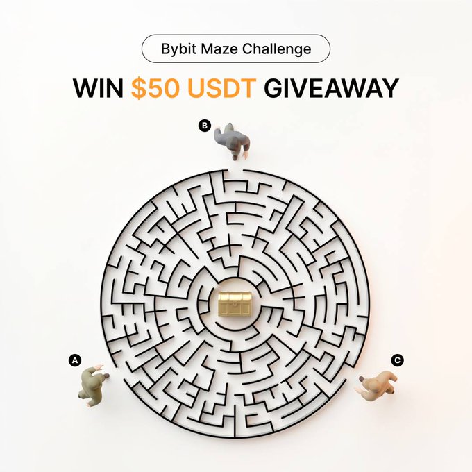 In the center of a maze, there are three figurines standing around each other at different points within the path, with one of them holding a piece of paper, possibly a clue or instructions to navigate the maze. The text on the image reads "Bybit Maze Challenge - $50 USDT Giveaway". The post asks for help in finding the correct path through the maze and mentions that the winning teams will be randomly selected from the top 50 participants.