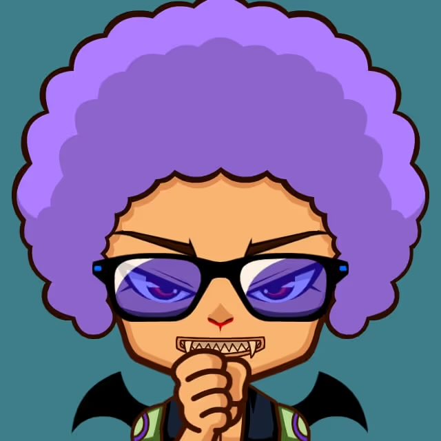 A cartoon character with a large purple afro, glasses, and sharp teeth, looking intensely forward against a teal background.