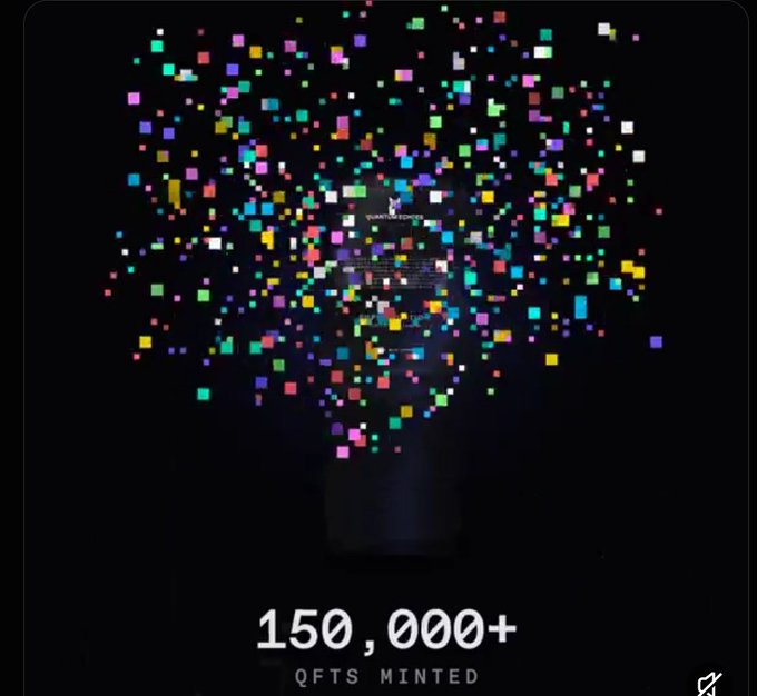 A digital display shows '150,000+ QFTS MINTED' beneath a colorful explosion of pixelated squares against a black background, with 'QUANTUM FOUNDATION' faintly visible in the center.