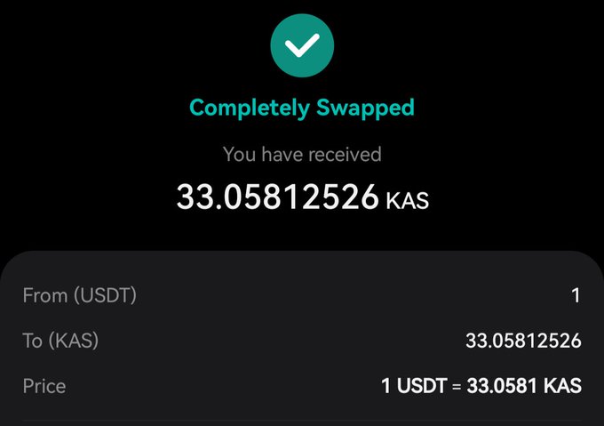 The image shows a screen displaying a transaction for a person who has purchased 1 US dollar worth of KAS at Day #825 with the current exchange rate being $1 = 35.068 KAS. The text within the screen reads "Completely Swapped", indicating that the transaction has been completed successfully and both parties are satisfied with the outcome.