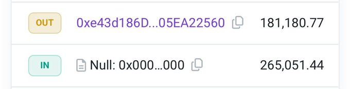 A cryptocurrency transaction record showing an OUT transfer of 181,180.77 and an IN of 265,051.44 to a Null address.