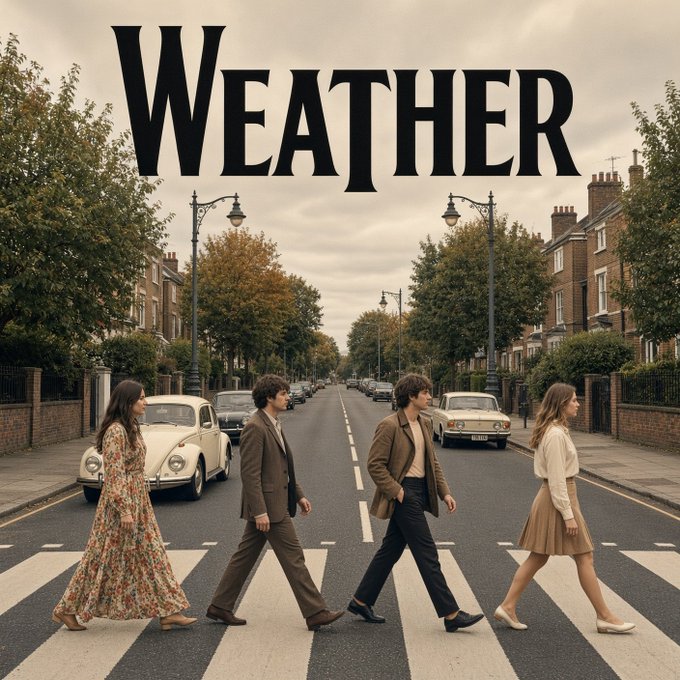 An album cover featuring the word 'WEATHER' in large black letters above a scene of four people walking across a zebra crossing on a tree-lined street, reminiscent of the Abbey Road album cover.