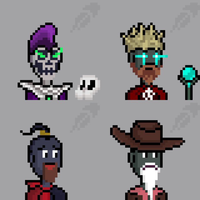 Pixel art portraits of four unique wizard-like characters with distinct traits—including a purple-robed spellcaster, a crown-wearing figure with cyan glasses, a dark-skinned character with a topknot, and a brown hat-wearing wizard—alongside a small ghost and a cyan staff. The image showcases the variety of character designs for the "Wezards" NFT collection (3,333 total) being minted on Robinhood Crypto, highlighting the handcrafted pixel-art traits mentioned in the announcement.