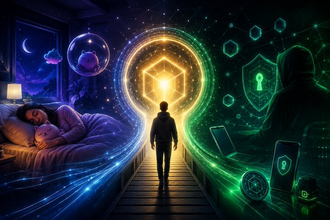 A digital illustration depicting a split scene: on the left, a person peacefully sleeps in bed, and on the right, a hooded figure works at a laptop, separated by a glowing hexagonal portal.