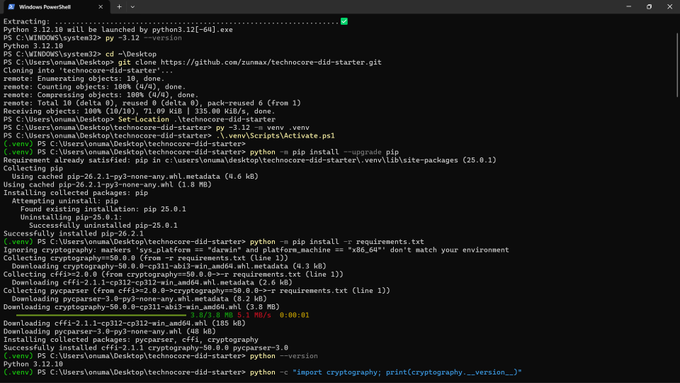A Windows PowerShell terminal showing the cloning and installation process for a 'technocore-did-starter' git repository, including pip package installations for cryptography, pyjwt, and cffi.