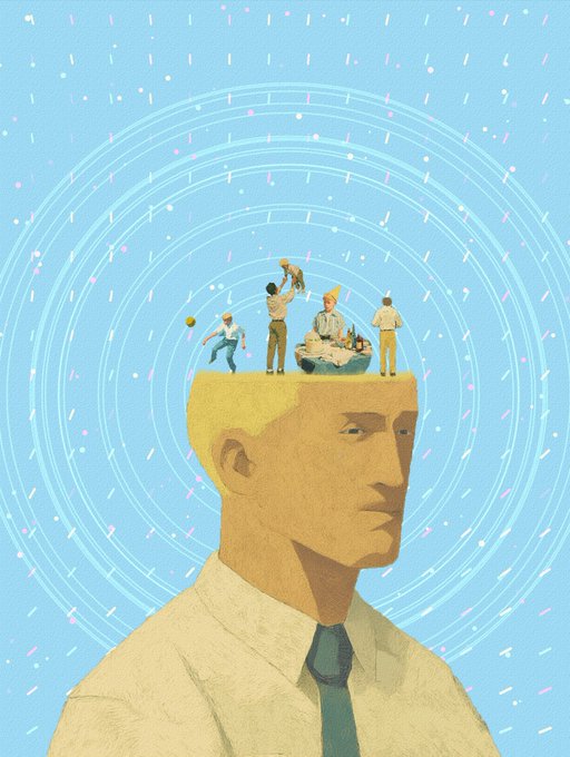 A surreal illustration of a man's profile with his head opened at the top, revealing miniature figures interacting inside his brain against a blue background with concentric circles.