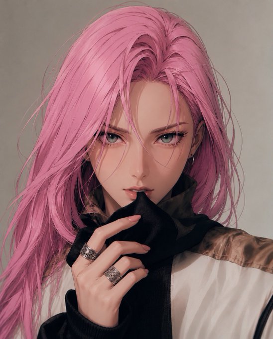 A pink-haired anime-style character with piercing green eyes poses thoughtfully, pulling a black fabric toward her face, her silver rings catching the light. The image complements the post's vibe of focused dedication, symbolizing the user's "no plans" but still-on "grind" mindset toward quantum-secure wallets on @quipnetwork.