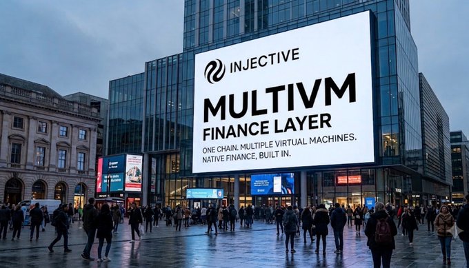 A large digital billboard in a busy urban plaza displays an advertisement for Injective's "MULTIVM FINANCE LAYER," with the tagline "ONE CHAIN, MULTIPLE VIRTUAL MACHINES. NATIVE FINANCE, BUILT IN." The image visually reinforces the post's message by highlighting Injective's MultiVM approach, which unifies EVM and CosmWasm environments within a single chain.