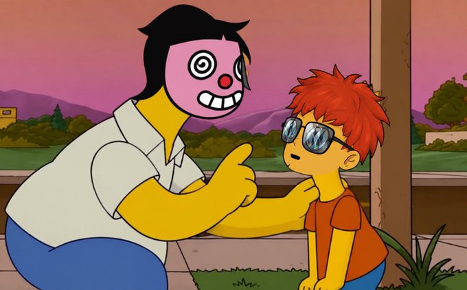 An animated scene shows a pink-faced character in a white shirt aggressively pointing and grabbing the chin of a red-haired child wearing sunglasses, set against a sunset backdrop. The image humorously illustrates the post's advice about a trusted mentor warning against risky crypto investments like Zcash NFTs and ordinals, helping the younger person avoid scams.