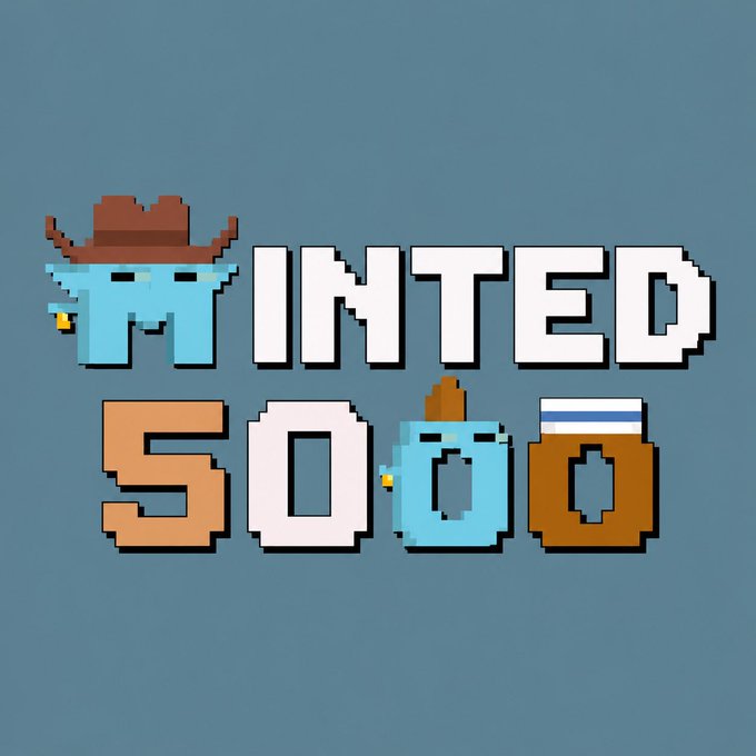 The image features a blue background with white text that reads "minted 5000" at the top, followed by an image of two cartoon characters wearing cowboy hats. The caption below the image states "We’ve officially crossed 5,000 minted This is all thanks to you mint [ opensea.io/collection/the …] You’re incredible. Let’s keep building #eth".
