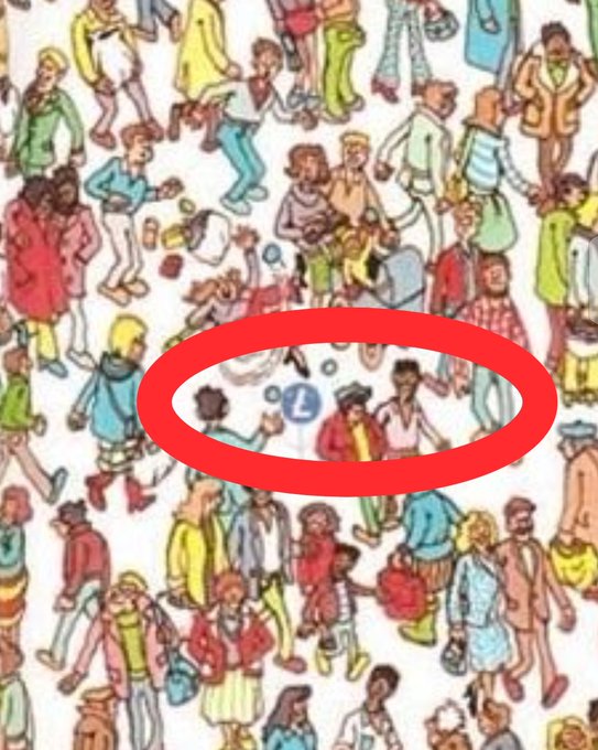 A classic Where's Waldo illustration with a red oval circled around a hidden character in the crowd.