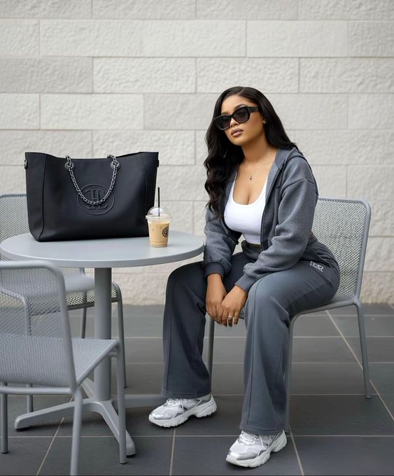 A stylish woman wearing sunglasses, a white top, gray tracksuit, and white sneakers sits at an outdoor cafe table with a large black tote bag and iced coffee.