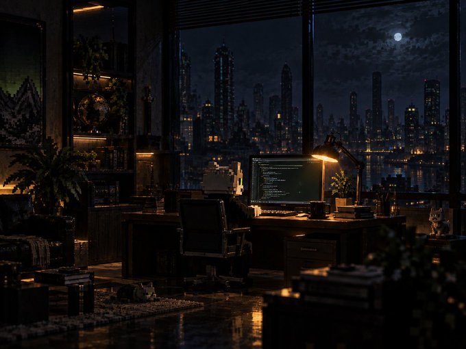A dimly lit, atmospheric home office scene features a desk with a monitor displaying code, illuminated by a warm desk lamp, with large windows overlooking a nighttime cityscape under a full moon.