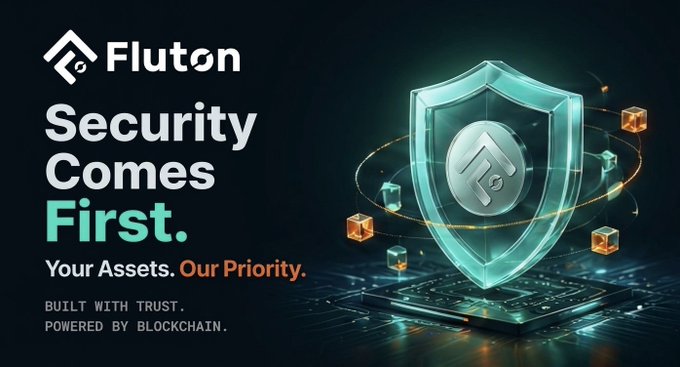 A promotional banner for Fluton exchange featuring a glowing green shield with a lock icon and floating cubes, displaying the text 'Security Comes First.', 'Your Assets. Our Priority.', 'BUILT WITH TRUST. POWERED BY BLOCKCHAIN.'