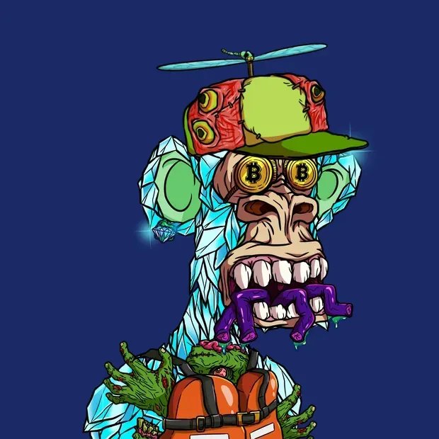 A vibrant, cartoon-style NFT illustration of a zombie-like ape wearing a propeller beanie, gold 'B' bitcoin coin eyes, and a diamond necklace, holding a smaller green zombie ape and a backpack.