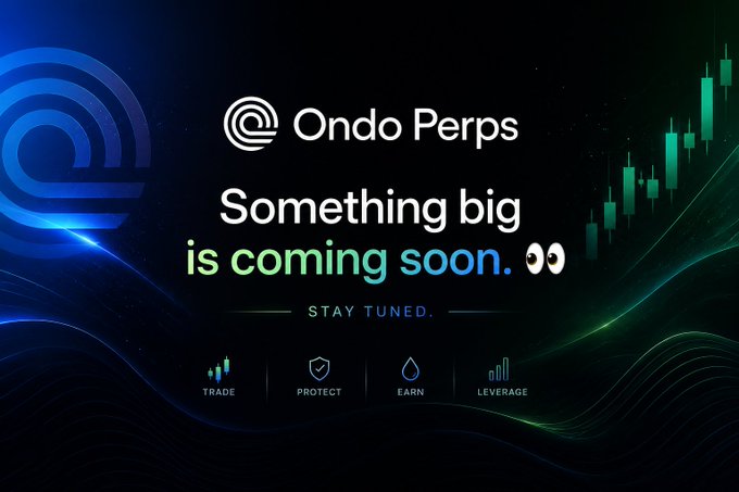 A promotional teaser for 'Ondo Perps' with the tagline 'Something big is coming soon. STAY TUNED.' featuring trade, protect, earn, and leverage icons against a dark background with a green candlestick chart.