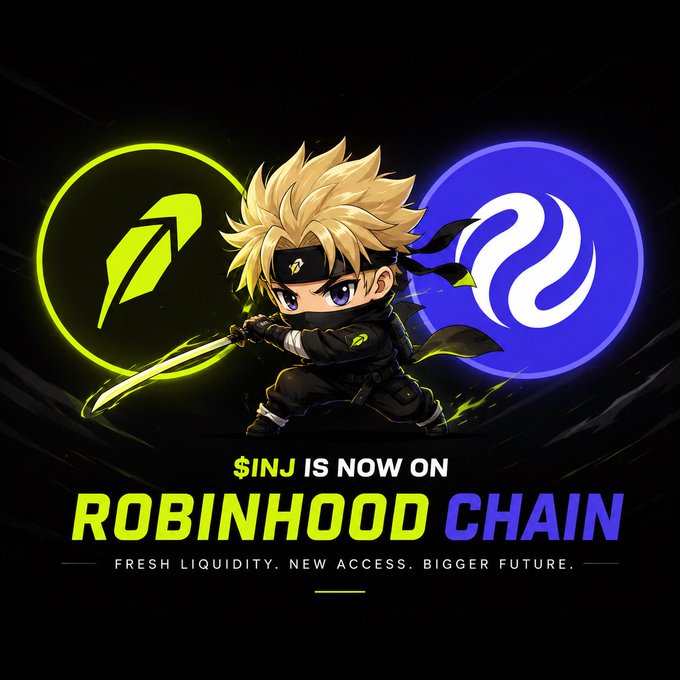 Promotional graphic announcing '$INJ is now on Robinhood Chain' featuring a chibi-style ninja character between two green and purple logos.