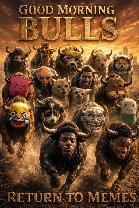Movie poster parody titled 'Good Morning Bulls: Return to Memes' featuring various meme characters with bull horns charging forward.