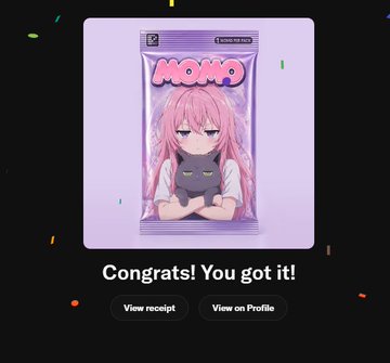 An NFT purchase confirmation screen reading 'Congrats! You got it!' showing a Momo anime card with a pink-haired character holding a black cat.