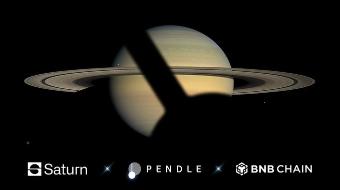 The image features a large planet with a shadow cast over it, creating an interesting visual effect. The planet appears to be Saturn, as indicated by its prominent position in the center of the frame. Below the planet, there are several logos for different companies such as Saturn, Pendle, and BNB Chain. These logos are positioned at various heights and angles, emphasizing their importance within the image.