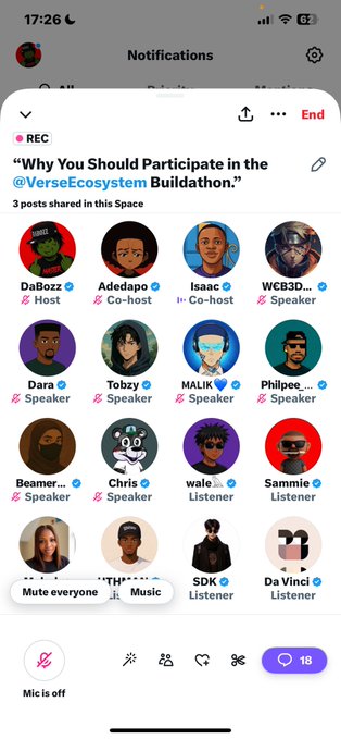 A Twitter/X Space interface titled 'Why You Should Participate in the @VerseEcosystem Buildathon,' showing host DaBozz, co-hosts Adedapo and Isaac, and multiple speakers and listeners.