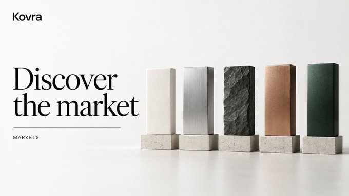 A minimalist web banner for 'Kovra' with the text 'Discover the market' and 'MARKETS', displaying five material sample blocks in white, silver, dark marble, copper, and green finishes.