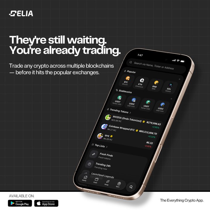 Promotional graphic for the Celia (CELIA) crypto wallet app featuring the headline "They're still waiting. You're already trading." alongside a smartphone displaying the app's interface with cryptocurrency listings including BTC, ETH, BNB, SOL, USDT, USDC, and trending tokens like NVIDIA ($278,998.63) and Coinbase Wrapped BTC (₦89,315,006.70), reinforcing the post's message about early access trading via Naira from ₦200.