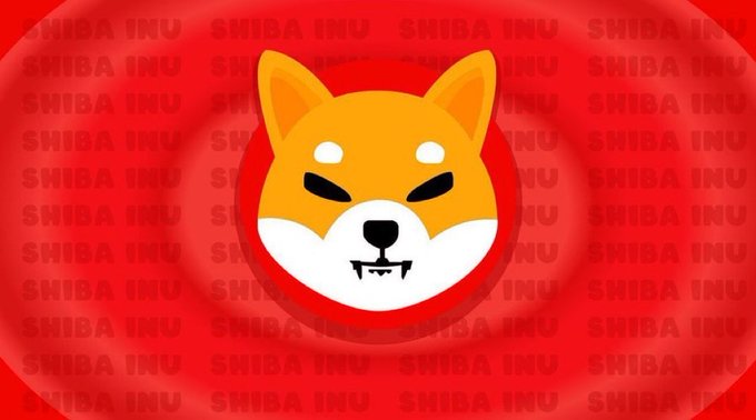 A stylized orange and white Shiba Inu dog face is centered on a red background with the text "SHIBA INU" repeated across it, visually representing the $SHIB cryptocurrency being accumulated as the post mentions buying the dip and stacking more tokens.
