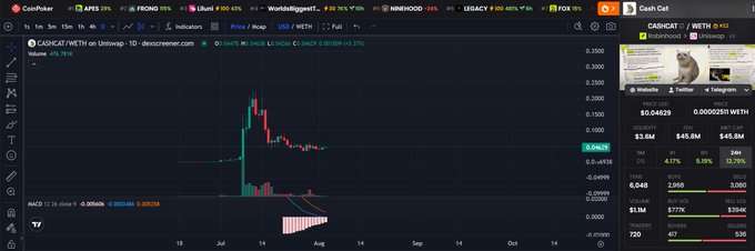 A TradingView chart displays CASHCAT/WETH on Uniswap showing a sudden ~20% price spike around early July, supporting the post's claim of a "random" +20% candle on the meme token. The right panel shows a CashCat token with a $48.8M market cap and a website preview featuring a cat meme.
