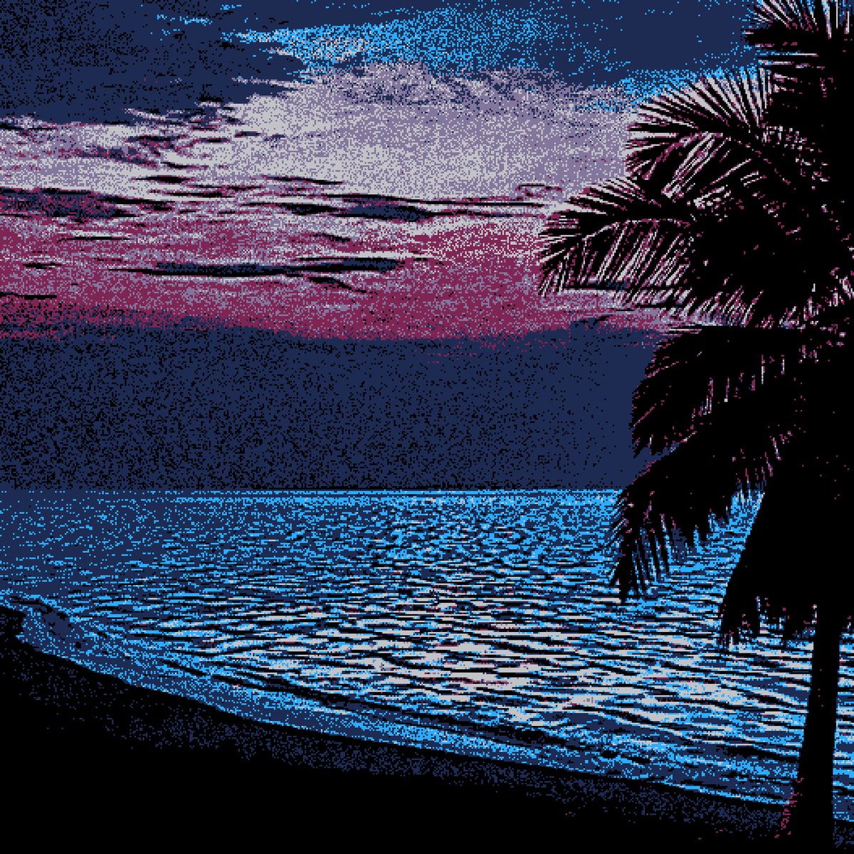 The image features a beautiful sunset over a body of water, with a palm tree standing next to the shoreline. The sky is painted in shades of purple and pink, creating a serene atmosphere. The photo has been edited using a filter that gives it a cartoon-like appearance, adding a unique touch to the scene.

The post appears to be about a tropical beach or island setting, as indicated by the palm tree's presence near the water. It is likely that this image was taken during sunset when the colors of the sky and the reflection on the water create a picturesque view.