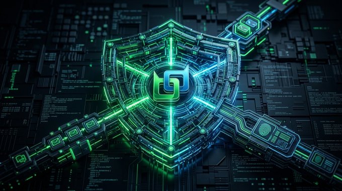 A 3D digital illustration features a glowing green hexagonal shield emblem with a stylized 'G' logo at its center, set against a dark circuit board background with code snippets.
