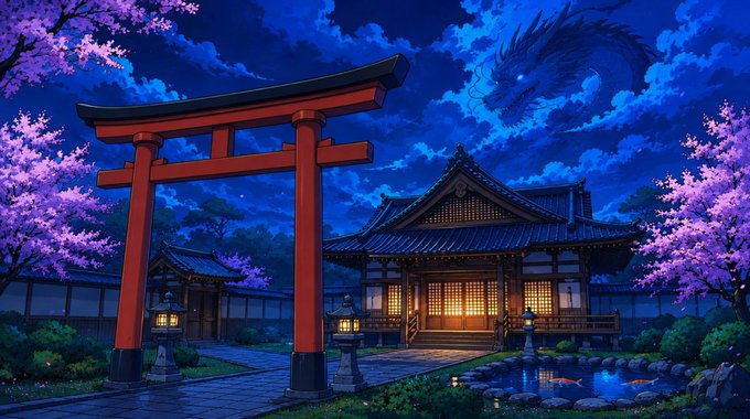 An anime-style illustration of a traditional Japanese temple courtyard at night featuring a large red torii gate, a wooden temple building with glowing windows, blooming pink cherry blossoms, a koi pond, and a large blue dragon silhouette in the sky.