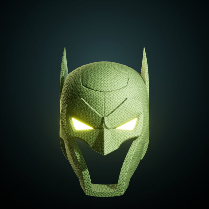 A green 3D-rendered Batman cowl with glowing yellow eyes is shown against a dark background, representing Bat Cowl #85957, which sold for 3.57 SOL to buyer D4yT…R6YL.