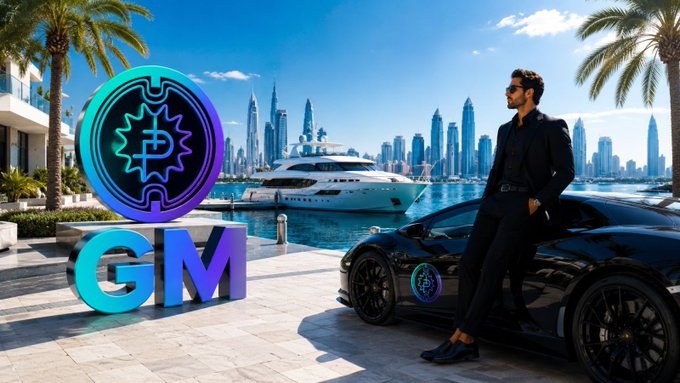 A man in a black suit leans against a black sports car beside a 'GM' logo and cryptocurrency symbol, with a yacht and Dubai skyline in the background.