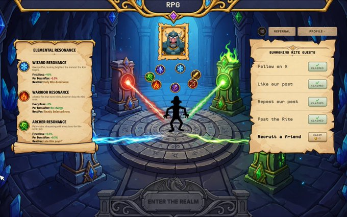 An RPG-themed game interface showing elemental resonance stats (Wizard, Warrior, Archer) on the left and summoning kite quests on the right, with a silhouetted character standing on a circular runic platform between two glowing orbs.