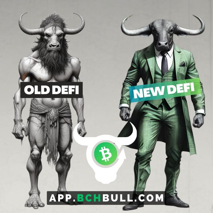 Promotional image for APP.BCHBULL.COM showing two bull-headed figures labeled 'OLD DEFI' (a primitive version) and 'NEW DEFI' (wearing a green suit), with a Bitcoin Cash (BCH) logo between them.