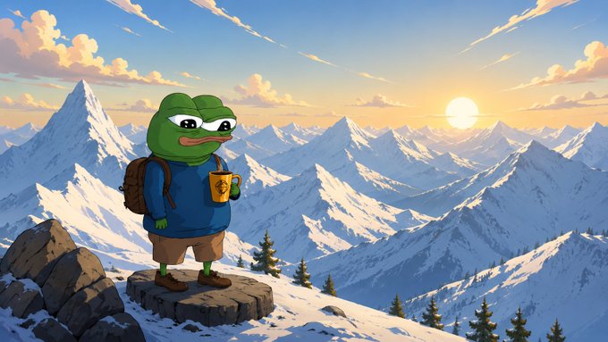A cartoon Pepe the Frog wearing a backpack, blue shirt, and shorts stands on a snowy mountain peak holding a yellow mug, with a sunset over a vast snowy mountain range behind him.