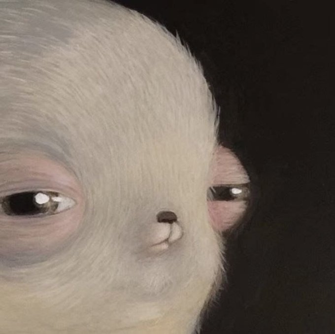 A digitally altered image of a fluffy white alpaca or llama with human-like eyes and pinkish eyelids against a dark background.