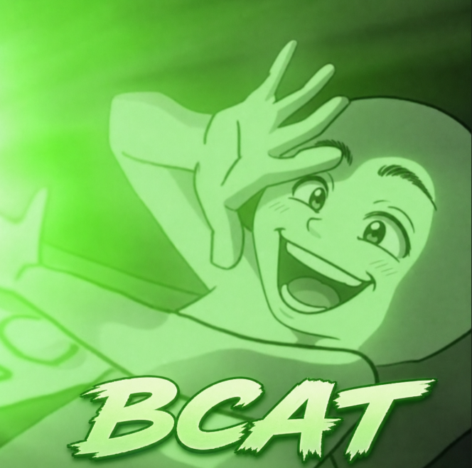 An anime-style illustration of a smiling man making a peace sign with his hand, overlaid with the text "BCAT" in a stylized green font.