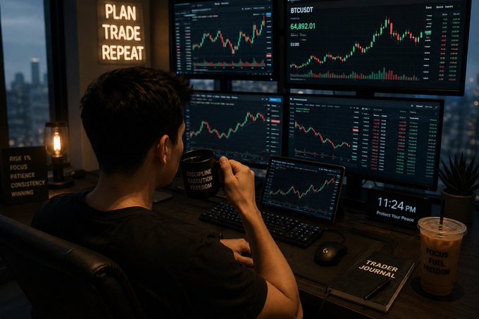 A man sits at a multi-monitor trading setup displaying BTC/USDT charts and market data, holding a 'DISCIPLINE EXECUTION FREEDOM' mug, with motivational signs reading 'PLAN TRADE REPEAT' and 'FOCUS PATIENCE CONSISTENCY WINNING'.