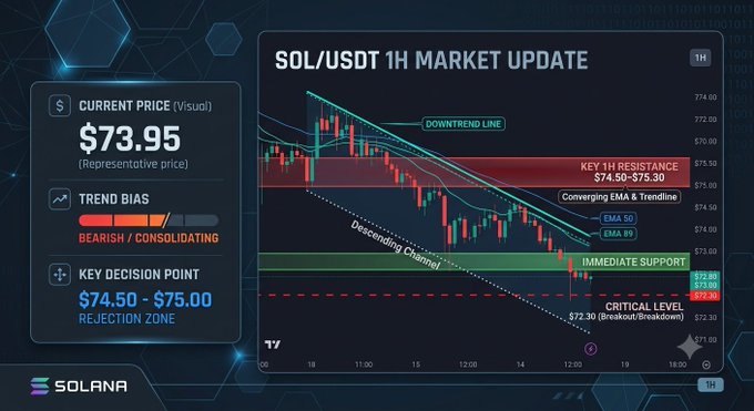 A SOL/USDT 1H market update chart on Solana showing a current price of $73.95 with a bearish/consolidating trend bias, highlighting a key 1H resistance at $74.50-$75.30 and immediate support at $73.00.