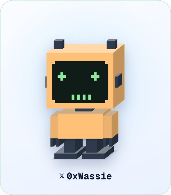 A pixel-art style orange and black robot with green plus-shaped eyes and a digital smile, labeled "0xWassie" beneath it, accompanies a post announcing a free mint of 5,555 bot NFTs launching on the Sui Network via @conso_xyz, secured by Walrus Protocol and offering a 25% mining boost.