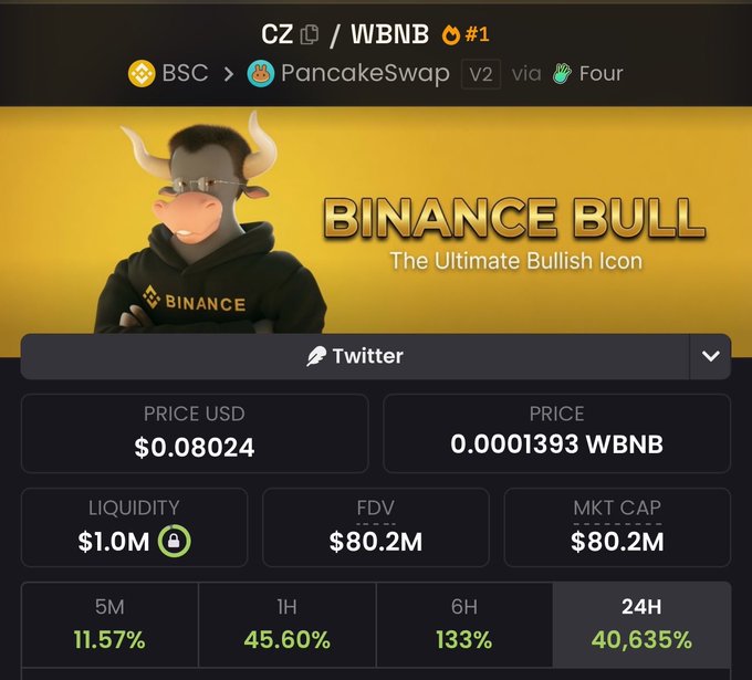 A screenshot of the "BINANCE BULL" meme coin token (CZ/WBNB) on PancakeSwap shows a massive surge with a $0.08024 price, $80.2M market cap, and an eye-popping 40,635% gain over 24 hours, illustrating the post's point about missed early entry as the token rocketed from $2M to $80M.